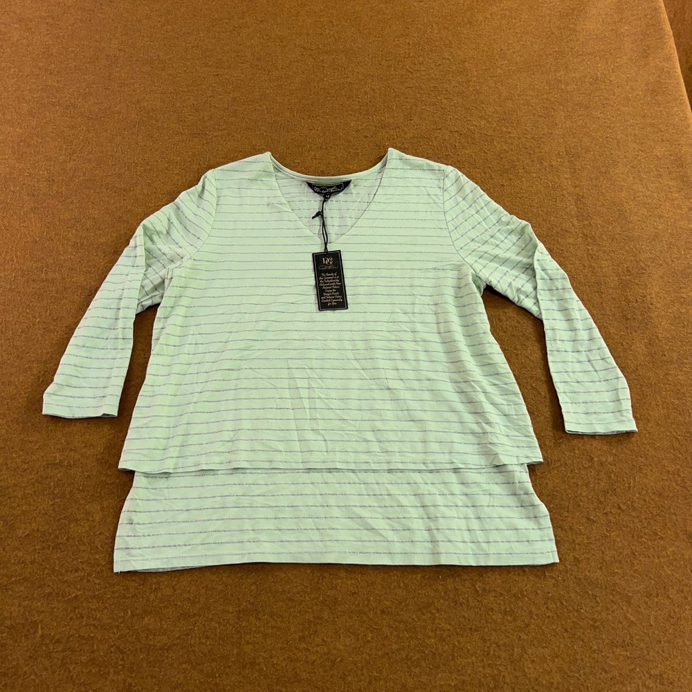 DG2 Diane Gilman Womens Medium Green Metallic Stripe Layered Hem V-Neck Top NWT
